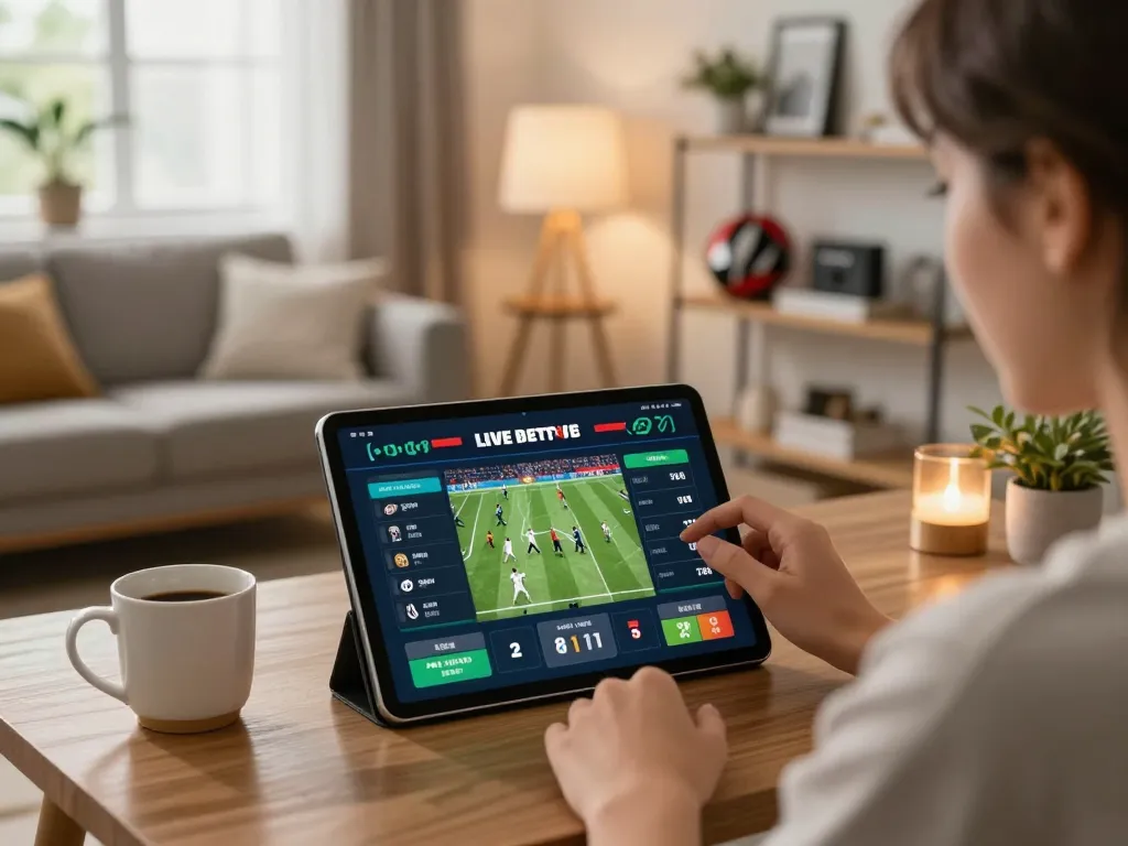 Engaging in live betting at sin88 with a tablet in a stylish home setup, showcasing excitement and strategy.
