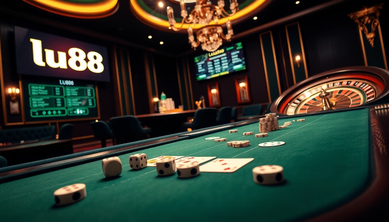 Experience thrilling gaming at lu88's luxurious casino scene with vibrant poker and roulette elements.