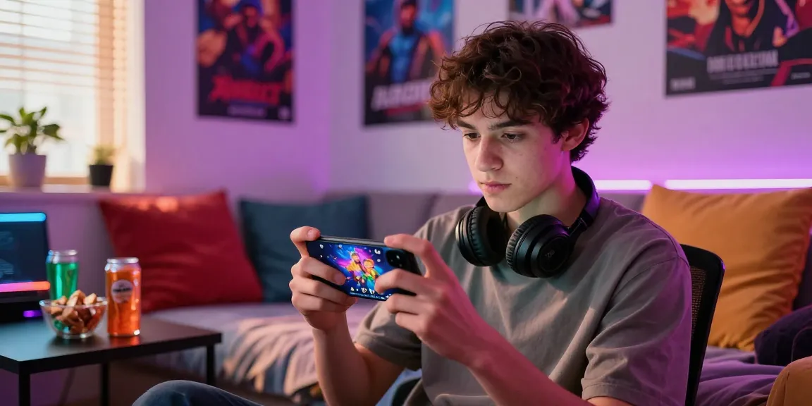 Playing a mobile hentai game in a cozy bedroom with vibrant lights.