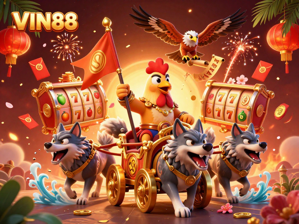 Experience thrilling wins at VIN88 with a vibrant 3D casino-themed illustration featuring dynamic game elements.