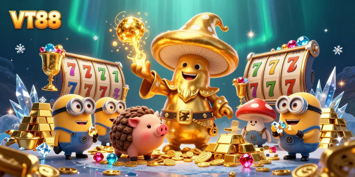 Experience rich slot gameplay with VT88's golden wizard and treasure-filled scene.