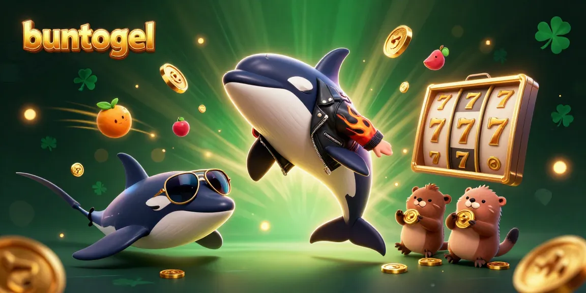 Buntogel showcases an exciting scene with a jumping orca, a stylish stingray, and otters with gold coins, representing dynamic online gaming.