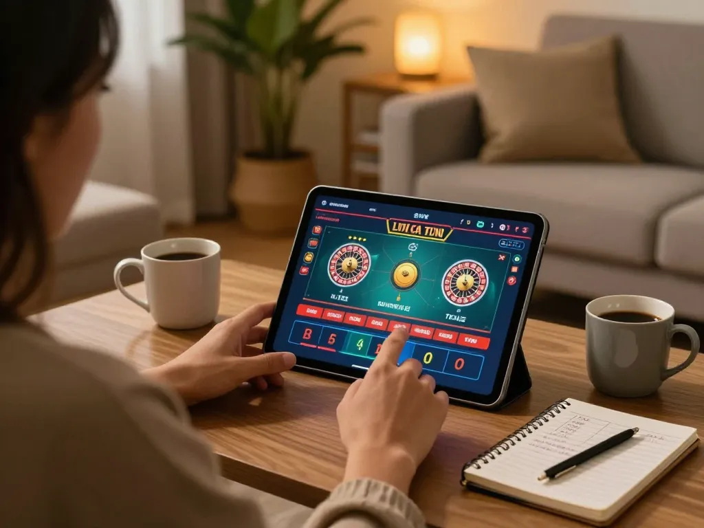Engaging in interactive LC88 gambling experience on a tablet, showcasing live casino gameplay