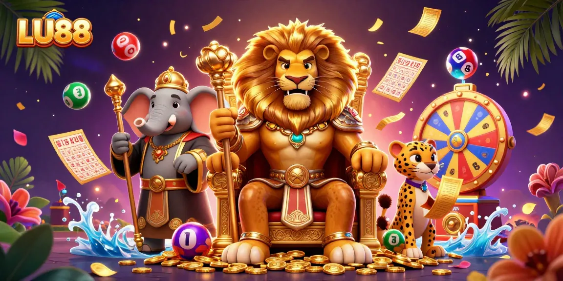 LU88's vibrant casino scene features a lion king, wise elephant, and cheetah amid lively gambling elements.