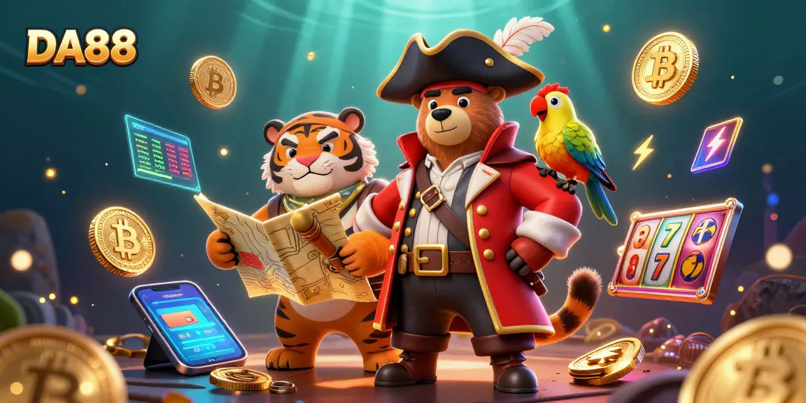 Discover DA88 winning strategies with a lively scene featuring gaming-themed pirate characters and vibrant crypto elements.