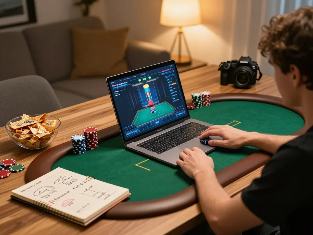 Player engages with open88k on laptop, notebook with strategies visible in cozy gaming setup.