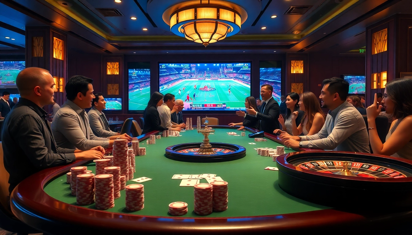 Cakhia trực tiếp enhances the excitement of gamblers at a luxurious casino poker table.