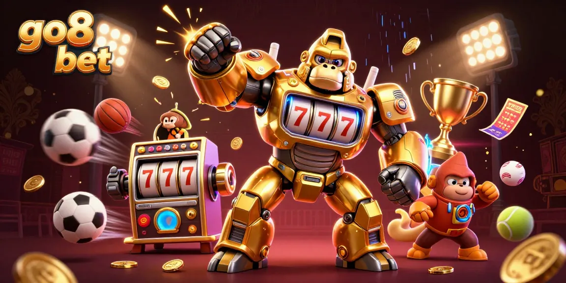 Experience the vibrant world of go8 bet with an exhilarating 3D casino scene featuring a golden mech and dynamic sports elements.