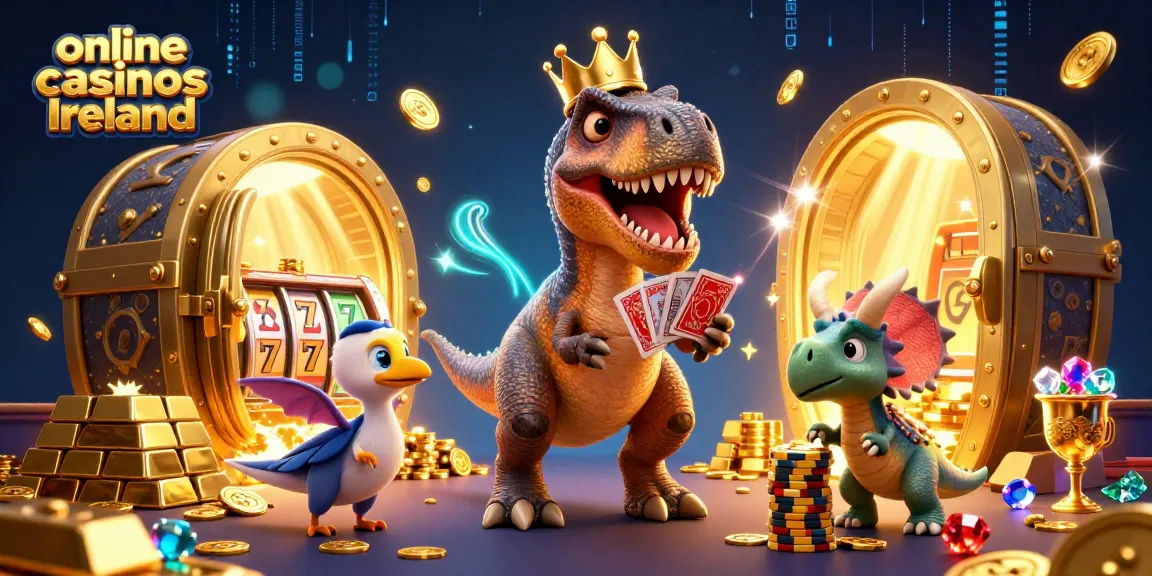 Experience the thrilling action of online casinos Ireland in a fun dinosaur-themed casino scene.