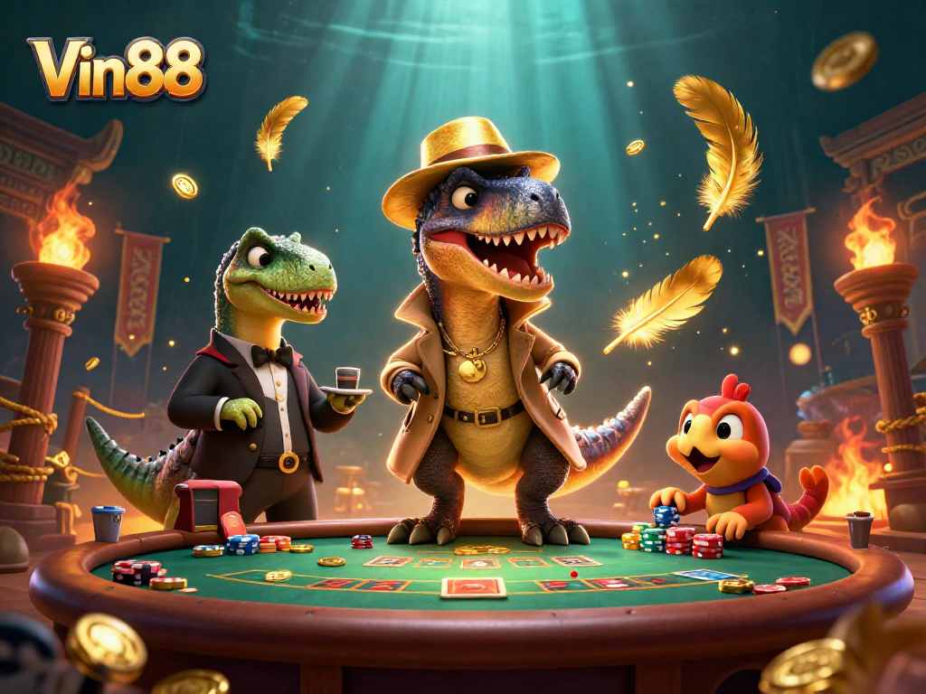 Experience the excitement at Vin88 with a dapper velociraptor card counter at a blackjack table.