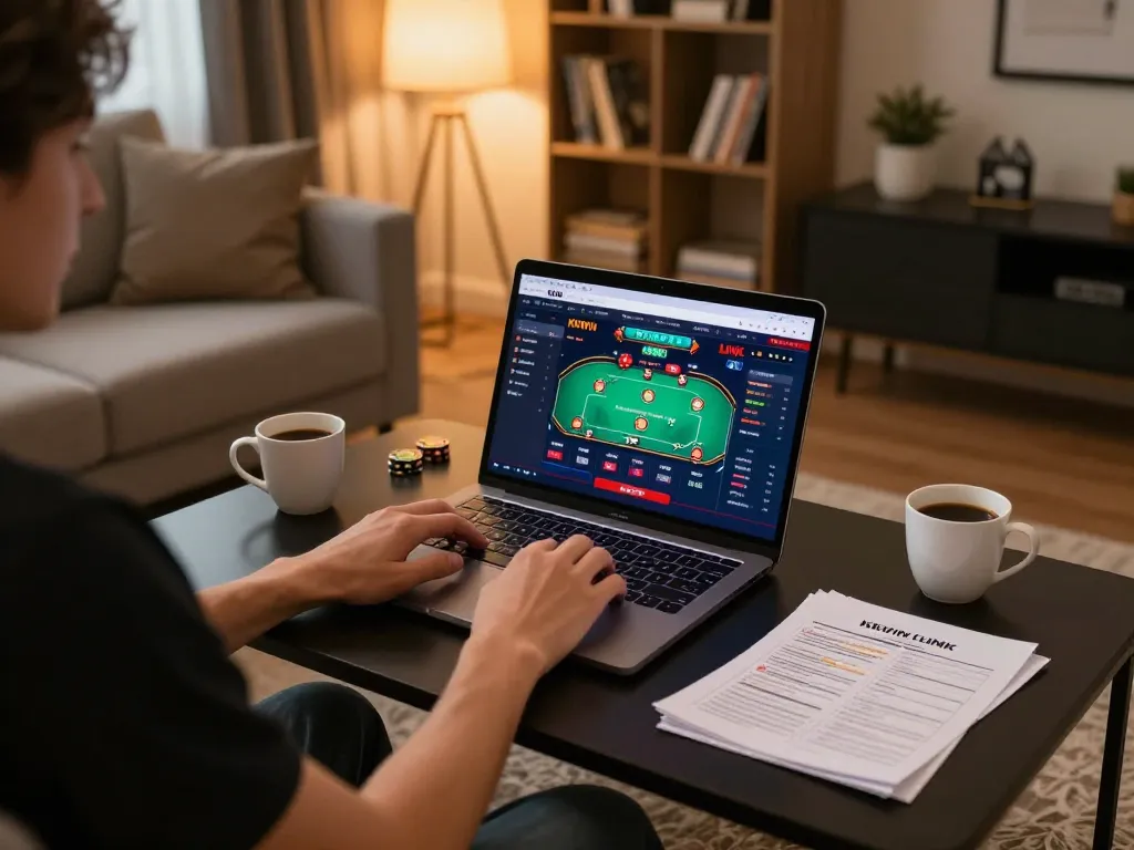Engaging online gameplay with the KKWIN LINK interface on a laptop, showcasing strategic gambling setup.