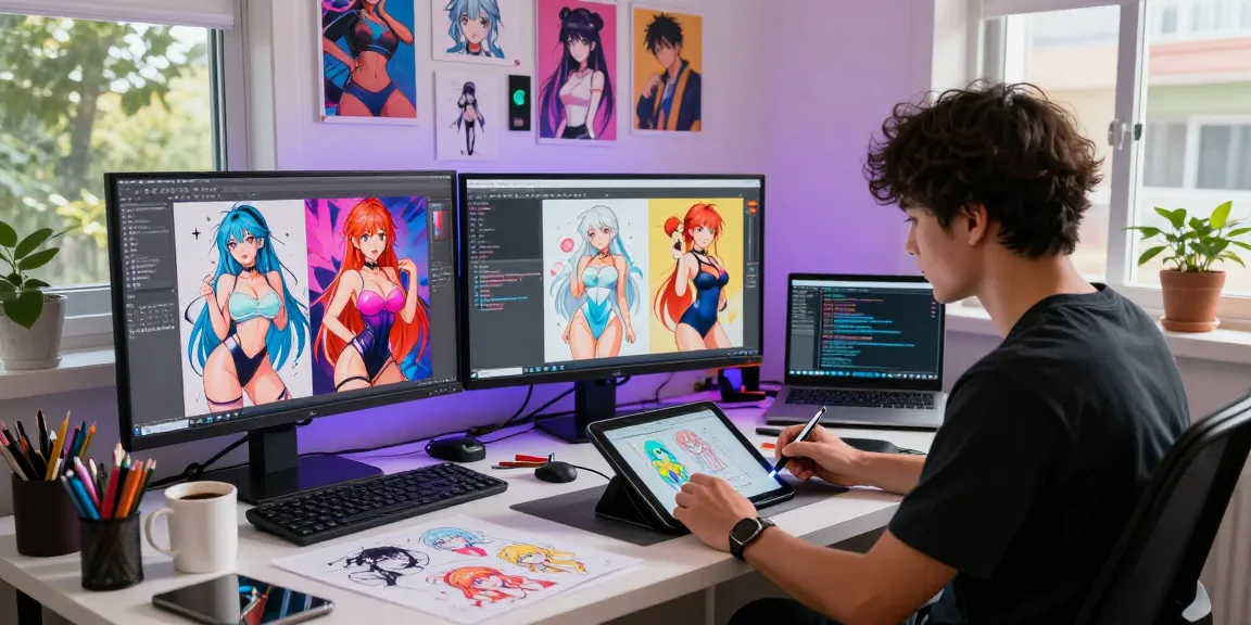 Artist creating AI hentai chat characters in a vibrant digital studio, utilizing tablet and creative sketches.