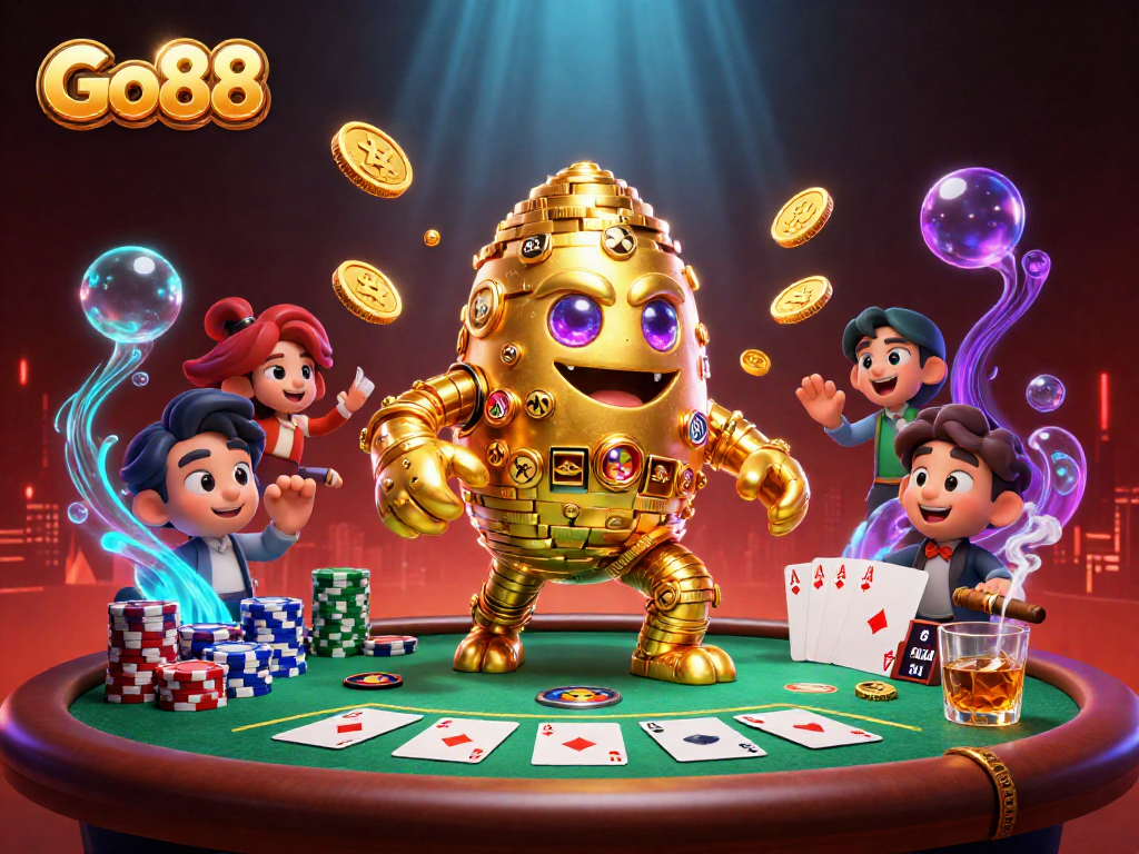 Play exciting games at Go88's vibrant casino with golden golem and poker elements.