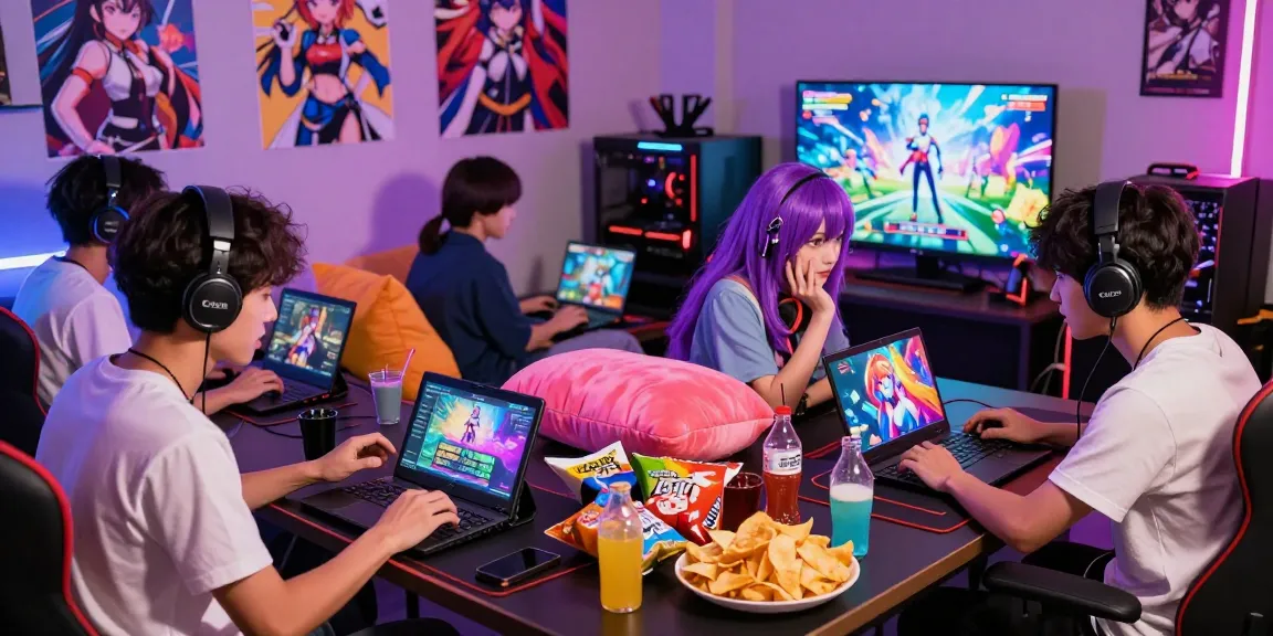 Engaged gamers enjoying hentai games in a colorful anime-themed lounge, highlighting community and vibrant culture.