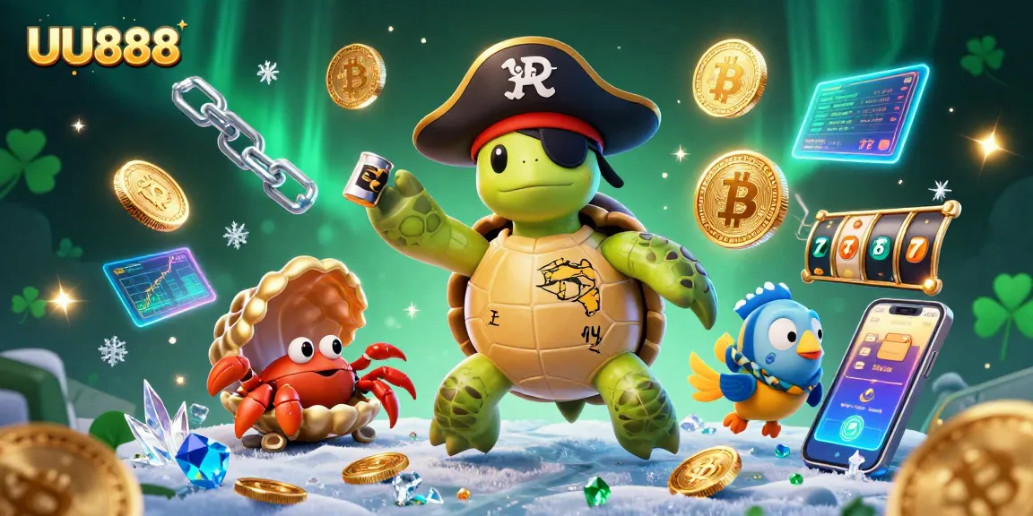 Win big at UU888 as a pirate turtle discovers treasures amidst glowing crypto coins.