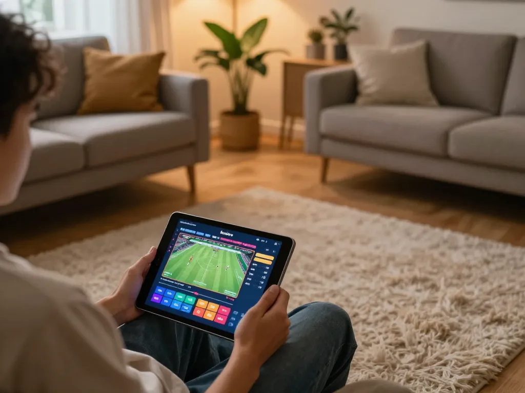 Socolive user enjoying live football betting on tablet in a cozy living room.