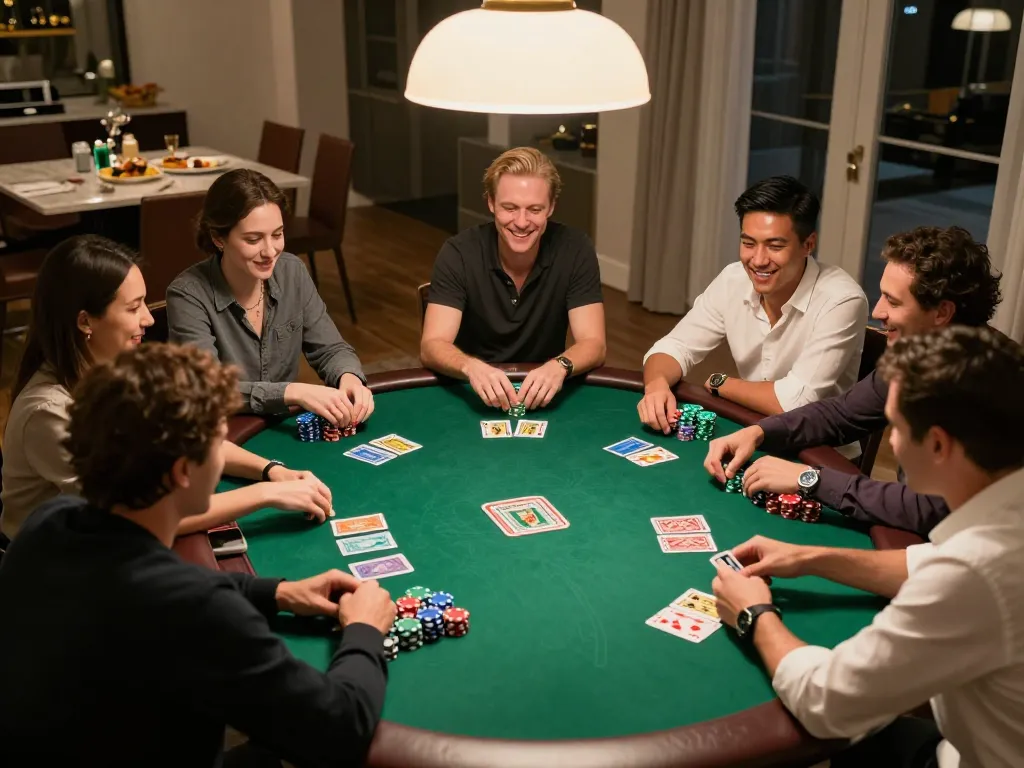 Players enjoying a spirited poker game at home, showcasing sky88 community interactions, vibrant atmosphere
