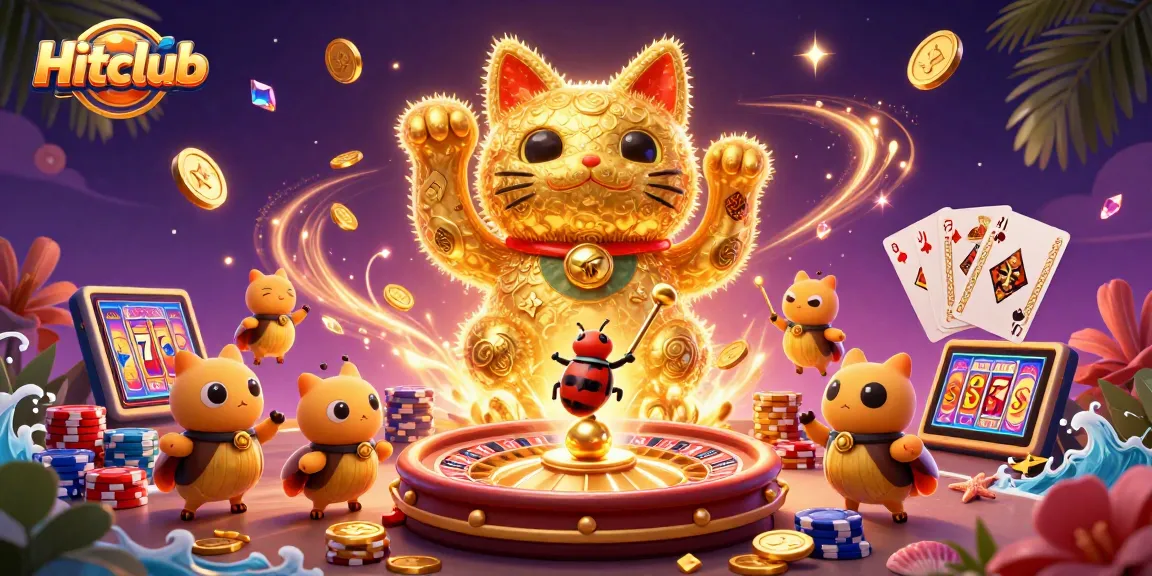 Hitclub showcases a vibrant gambling scene with golden fireflies, casino symbols, and exciting gaming elements.