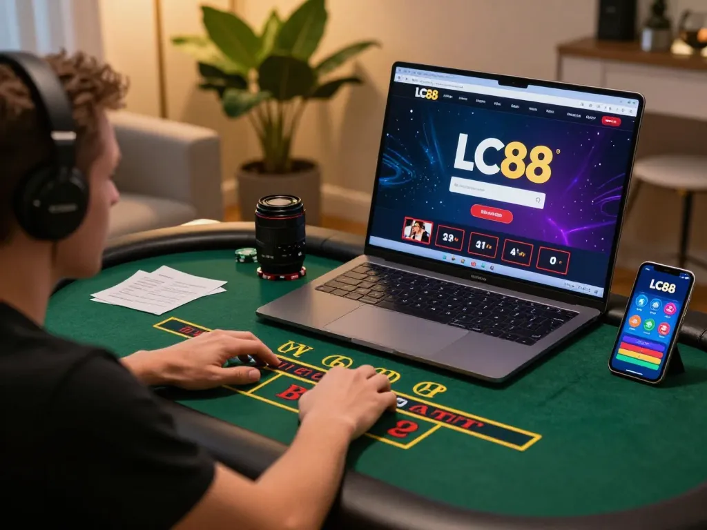 A player engaged on the LC88 platform for online blackjack, surrounded by strategic tools in a cozy setting