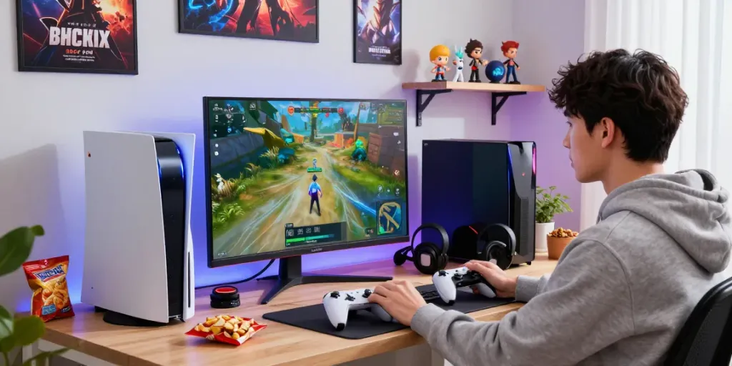 Young adult enjoying a gaming session with rokok88 accessories and vibrant decor.