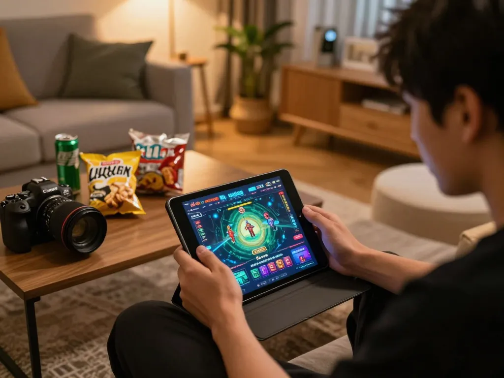 Engaged player enjoying games on luckywin trang chủ interface at home, capturing the excitement of online gambling