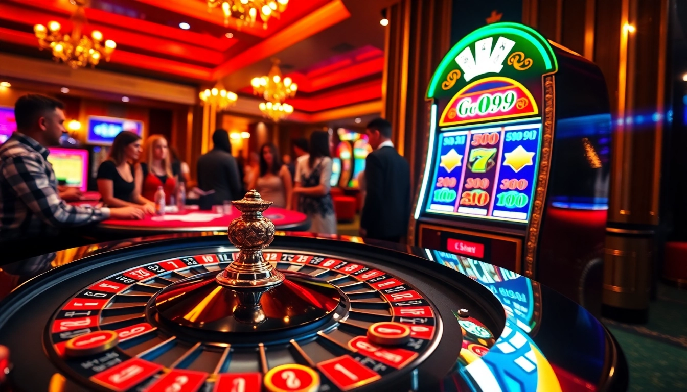 Players engaging in thrilling games at the go99 casino with roulette and slot machines.
