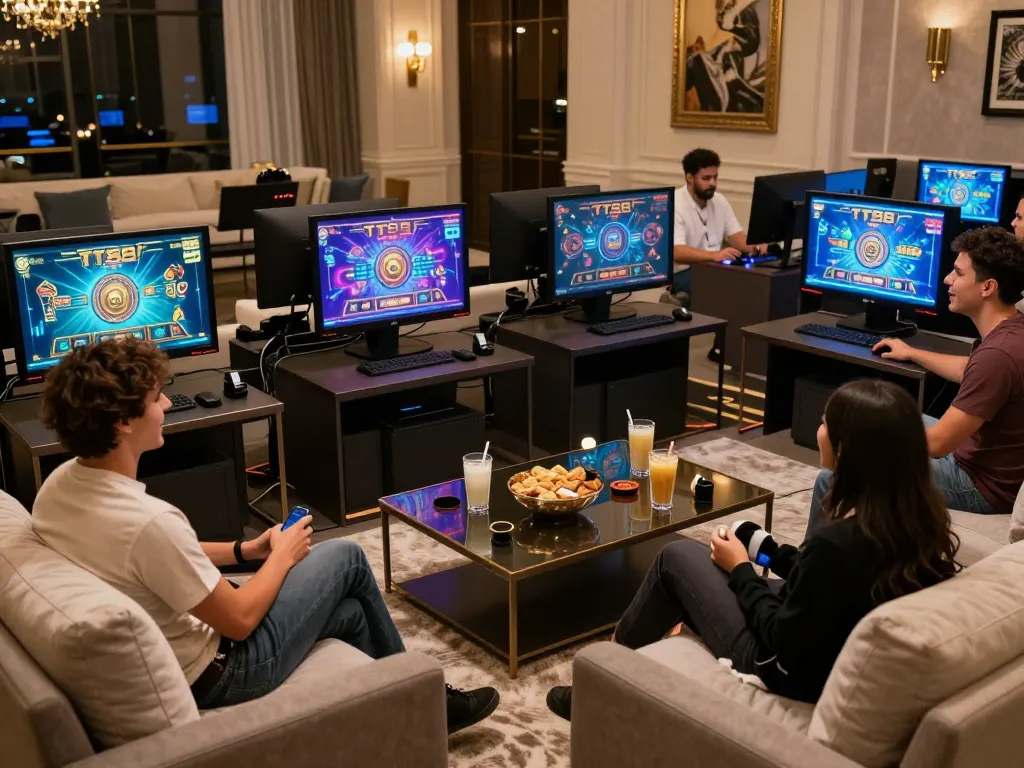 Friends engaging with TT88 in a luxurious online casino environment, showcasing gaming excitement and enjoyment.