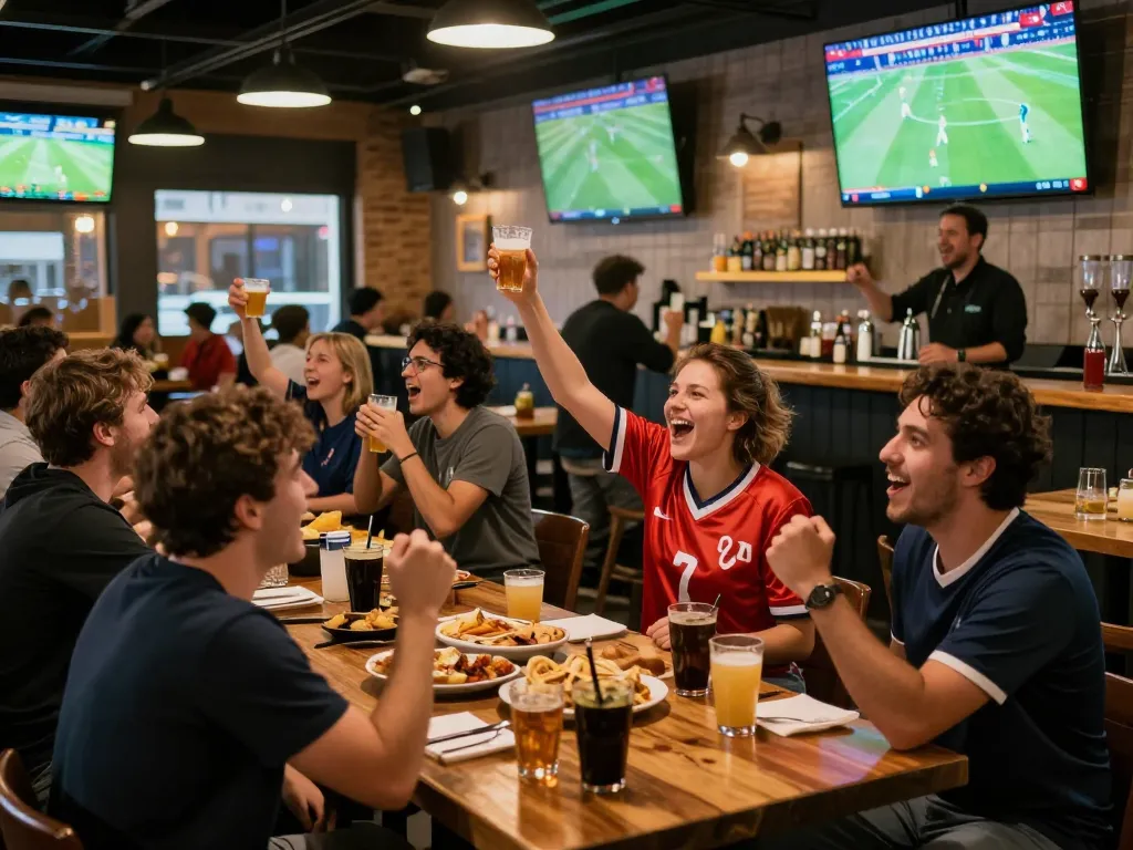 Xem bóng đá Socolive at a sports bar, fans cheering for their favorite teams during a match.