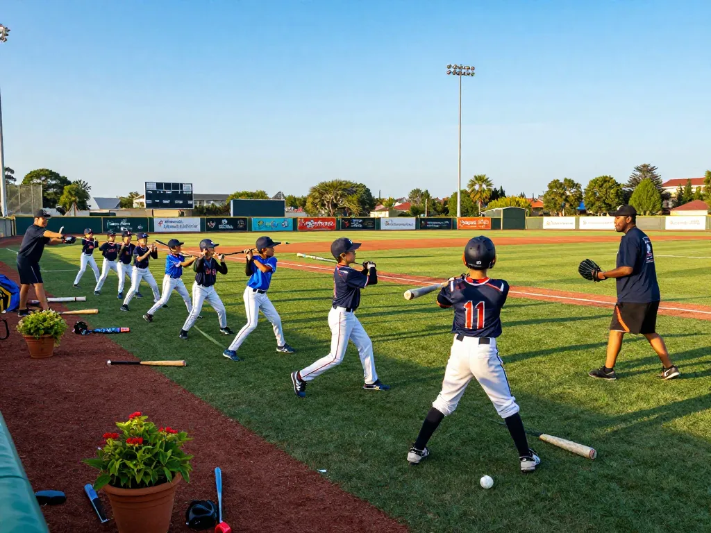 Hitclub training scene with young athletes practicing baseball hitting drills on a sunny field.