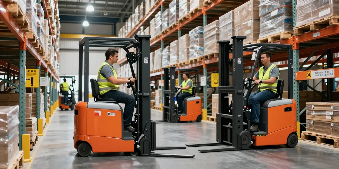 Operators using electric stackers for efficient warehouse operations, showcasing productivity and modern material handling.
