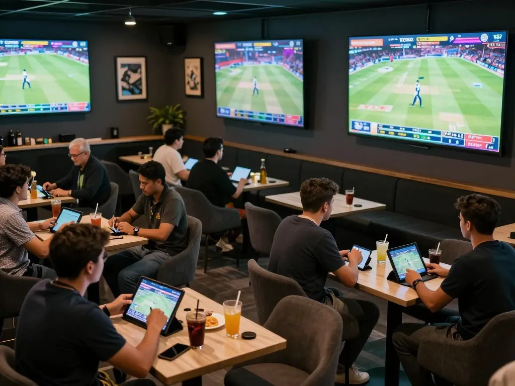 Participants engaging in live cricket betting on Crickex in a modern lounge, showcasing excitement and interaction.