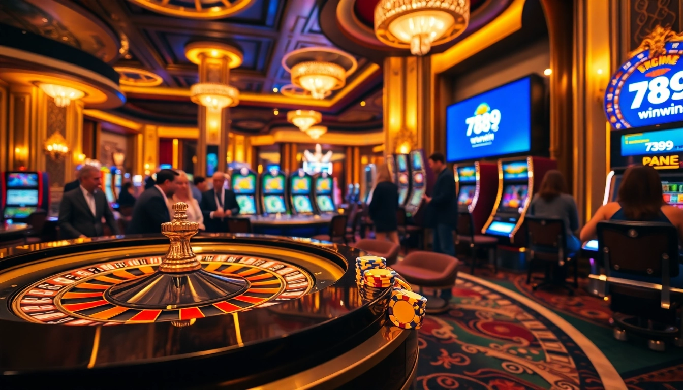 Gambling enthusiasts playing at a luxurious casino featuring 789win tables and slot machines.