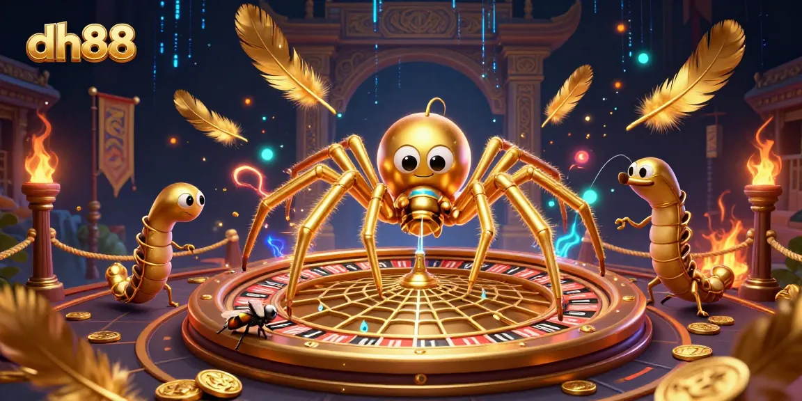 Bet on dh88 with a golden spider spinning a roulette web in a vibrant casino scene.