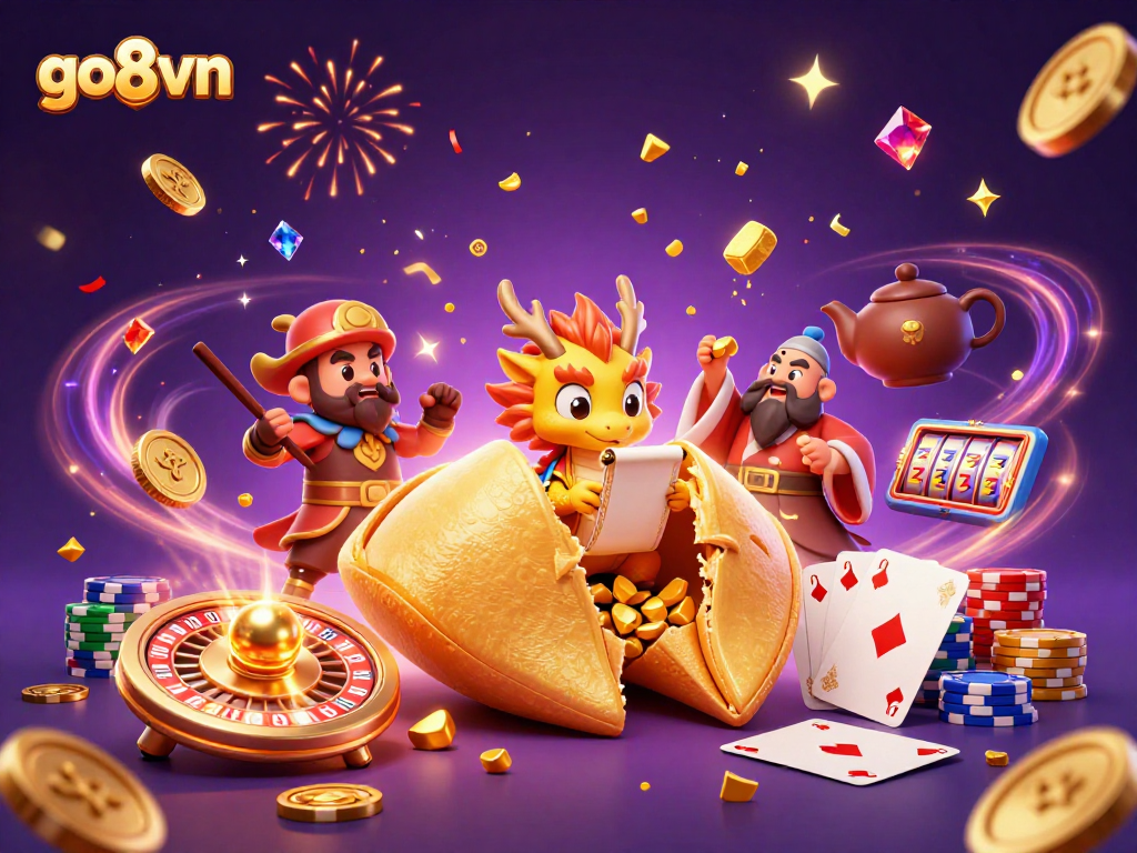Win big at Go8vn with golden coins and casino games sparkling around this lively scene.