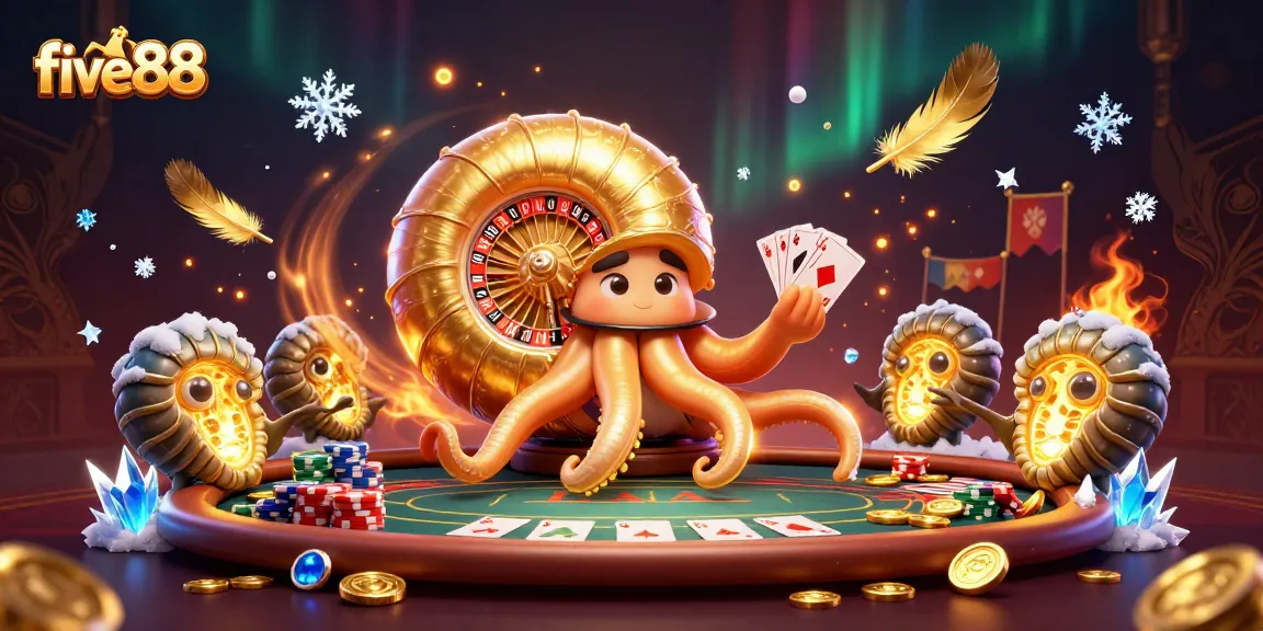 Experience thrilling poker action with five88's vibrant 3D casino illustration featuring a dynamic nautilus dealer.