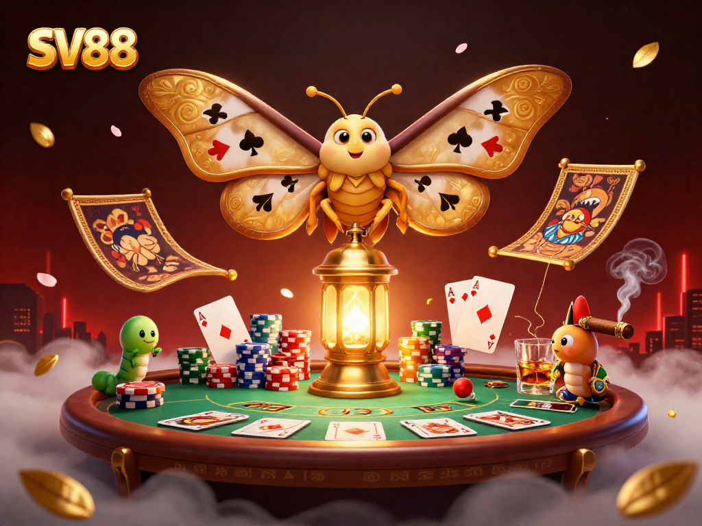 Experience exciting SV88 casino action with a vibrant illustration of a mystical moth among poker elements.