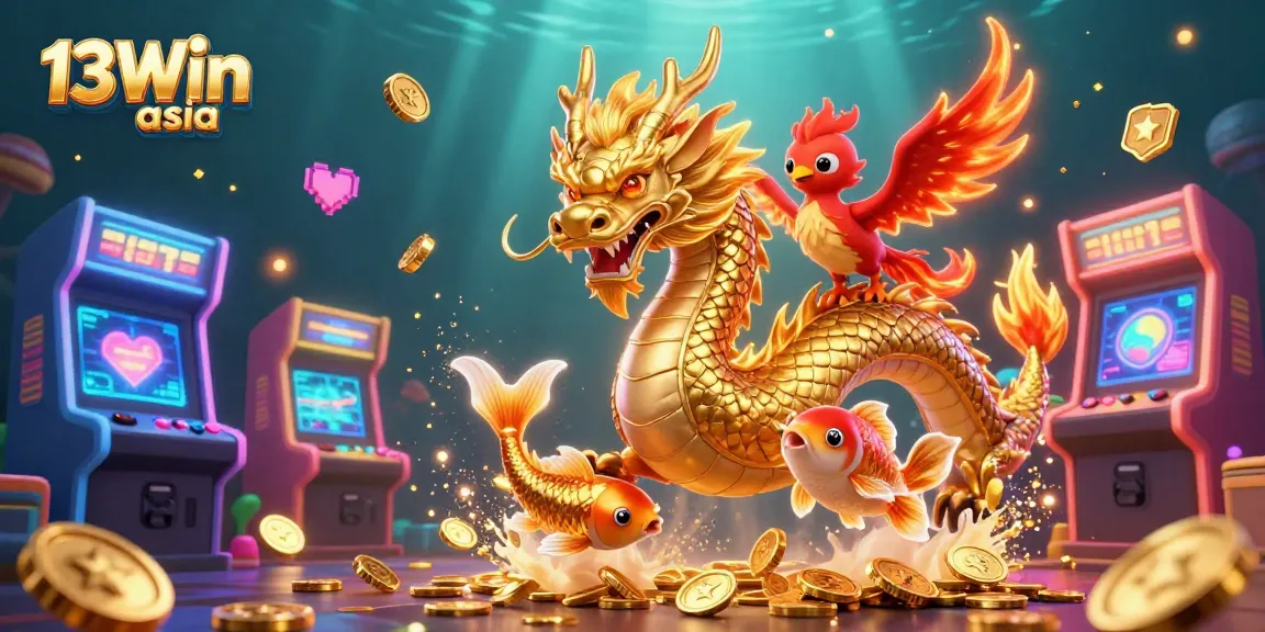 Experience the excitement of gaming with the 13Win asia dragon and phoenix amidst coins and arcade machines.