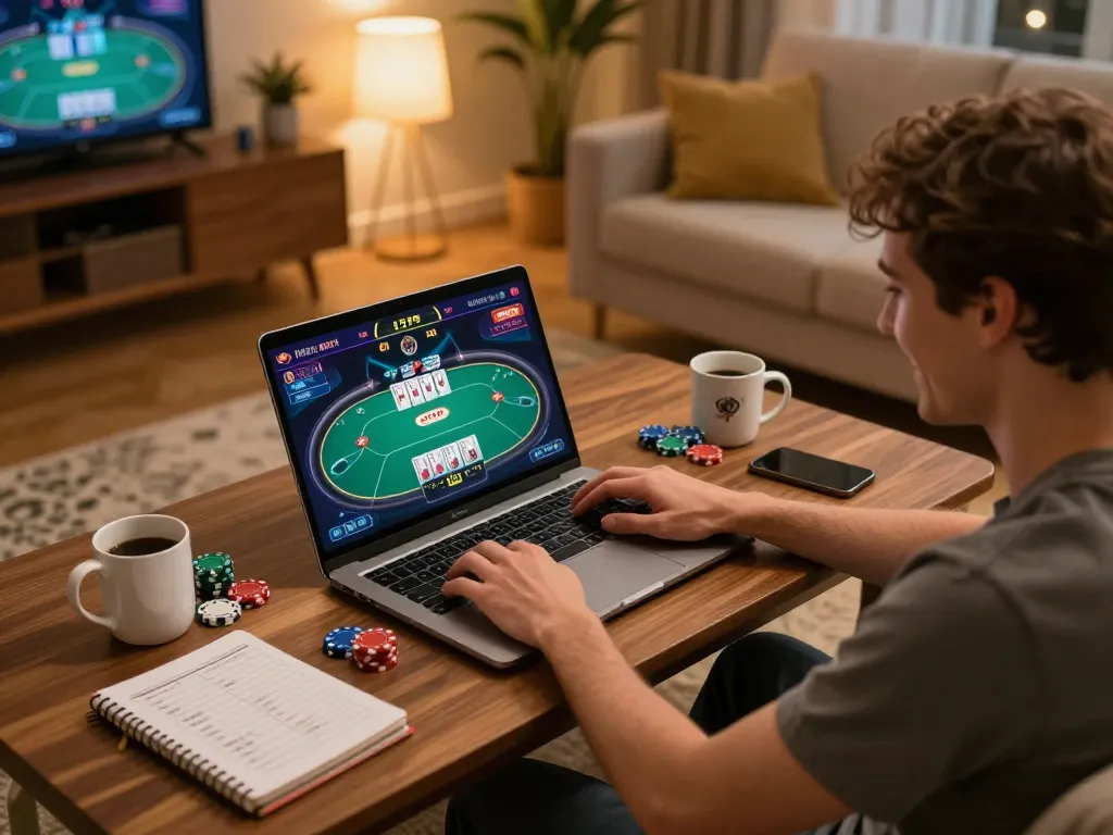 Engaging online poker gameplay at home with a laptop, showcasing f1688 strategy.