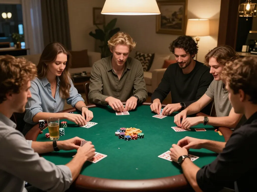 Friends engaging in an exciting home poker game, showcasing strategic play at https://da88.navy/.
