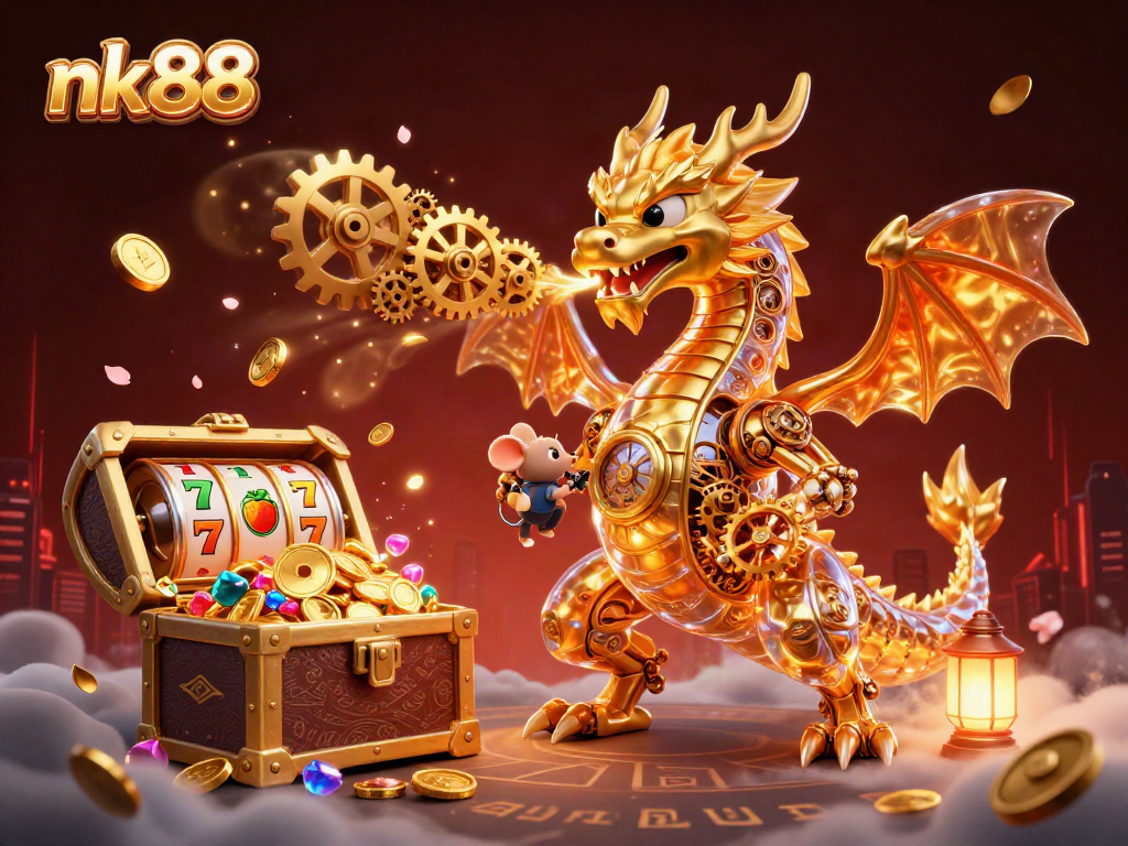 Experience nk88 thrills with a golden dragon unleashing jackpots in a vibrant casino setting.