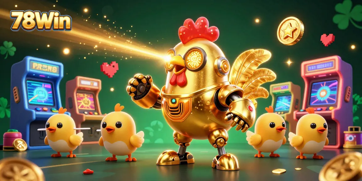 Experience winning fun with 78Win's vibrant arcade-style casino games featuring a golden rooster robot.