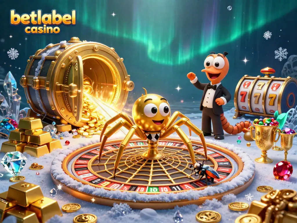 Engage with betlabel casino's thrilling gaming scene featuring a whimsical spider and a centipede croupier.