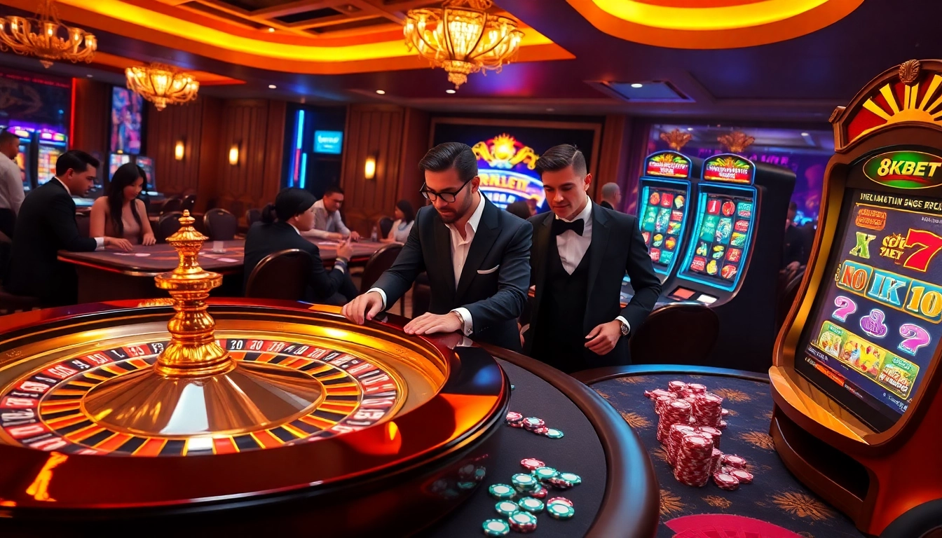 Experience the thrill of gaming at 8KBET, showcasing vibrant casino elements like roulette and poker.