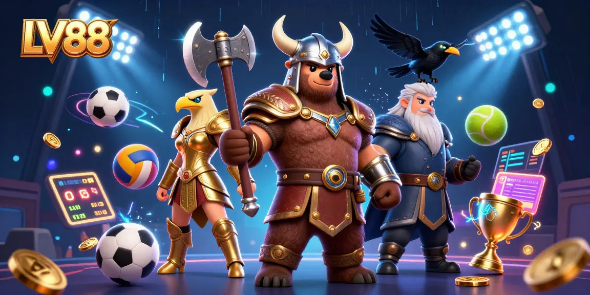 Bet on LV88 with an epic illustration showcasing casino elements and vibrant characters.