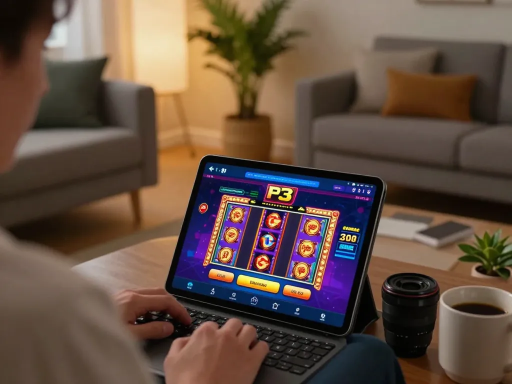 P3 app showcased on a tablet during a mobile gaming session in a cozy living room setting.