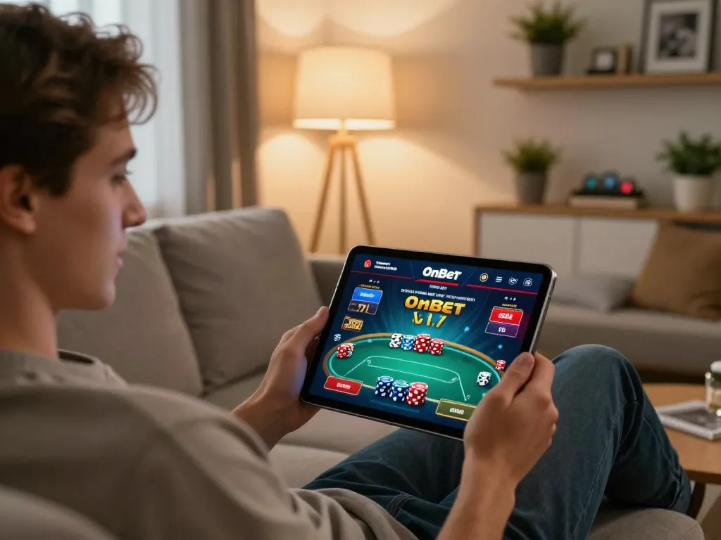 Player enjoying poker on OnBet tablet at home, showing strategic gameplay in a cozy setting.