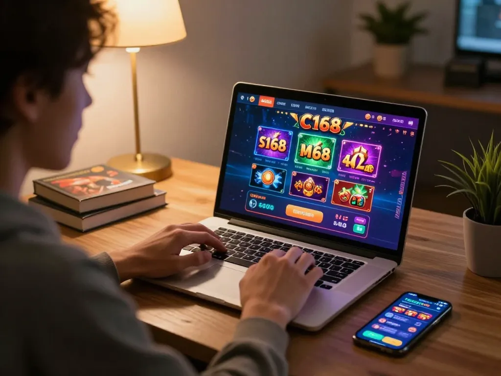 Engaged player exploring c168 online casino games on a laptop, showcasing responsible gambling habits.