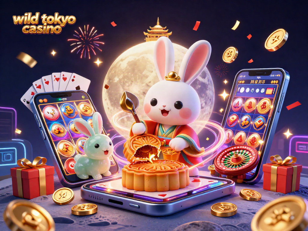 Experience excitement at wild tokyo casino with 3D characters celebrating on the moon.
