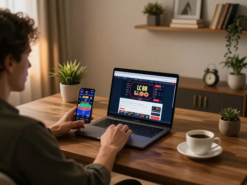 Player engaged with LC 88 casino interface on laptop showcasing strategic online gambling.