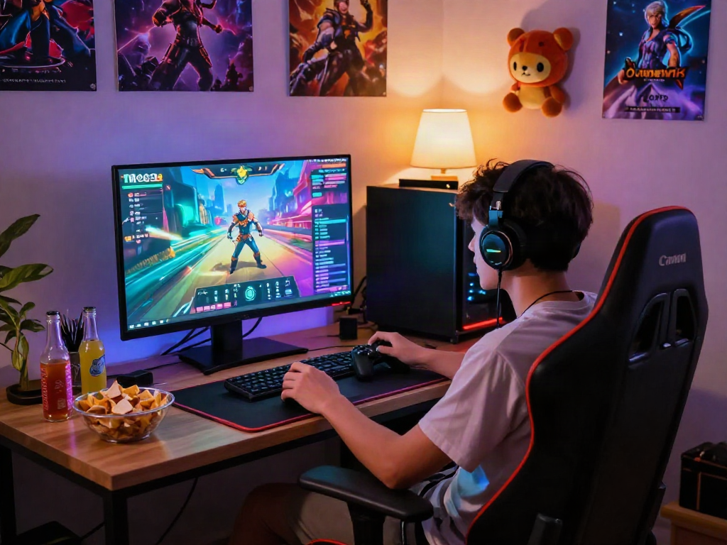 Engaging player immersed in vibrant porn games with LED lights and snacks.
